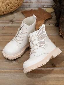 1 par de botas blancas para bebés/niños pequeños, de material PU suave y brillante, con cremallera metálica, decoración de alas con lazo y strass, punta redonda, suela gruesa antideslizante y cómoda, de media pantorrilla, adecuadas para niñas estudiantes, uso casual diario, viajes, escuela, otoño/invierno