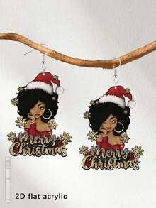 1 Pair Elegant & Sexy African American Women Christmas Pendant Earrings, Acrylic Painting Design, Stainless Steel Earring Hooks, Lightweight & Fashionable, Suitable For Daily Wear And Party Celebrations, Can Be Used As Holiday Gifts, Halloween And Christmas Gifts.