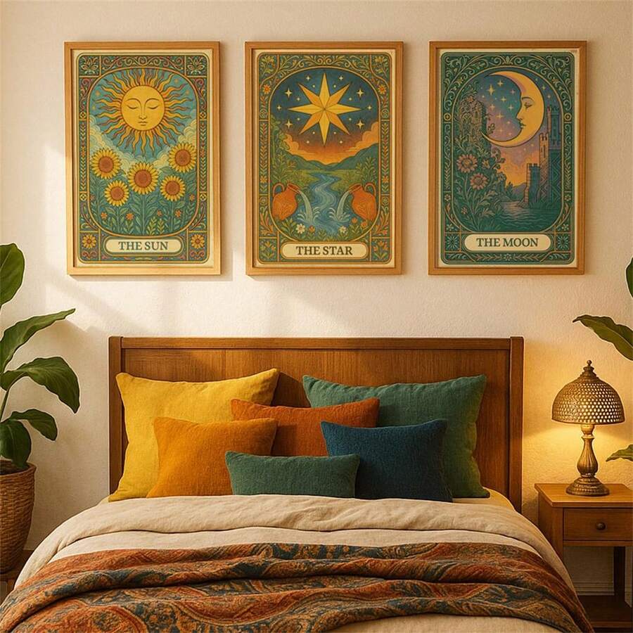 3 Stücke/Set Art Nouveau Tarot Leinwanddrucke: Sonne, Mond, Sterne, Ramadan Festival, Leinwandkunst, Funky Girl Kunst, inspirierende Zitat Kunst, Heimdekoration, Leinwand zum Aufhängen - Verschiedenfarbig - Übersicht 1