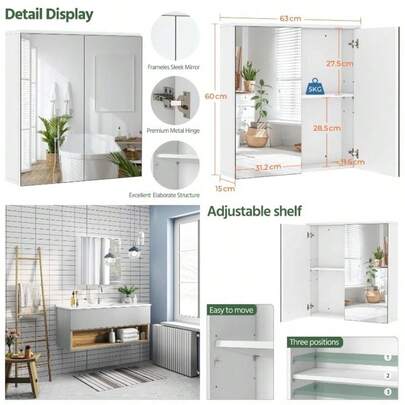 Bathroom Mirror Storage Cabinet Wall Mounted Cabinet Storage Unit With Double Mirror Doors Adjustable Shelf, 15x63x60cm, Modern, White