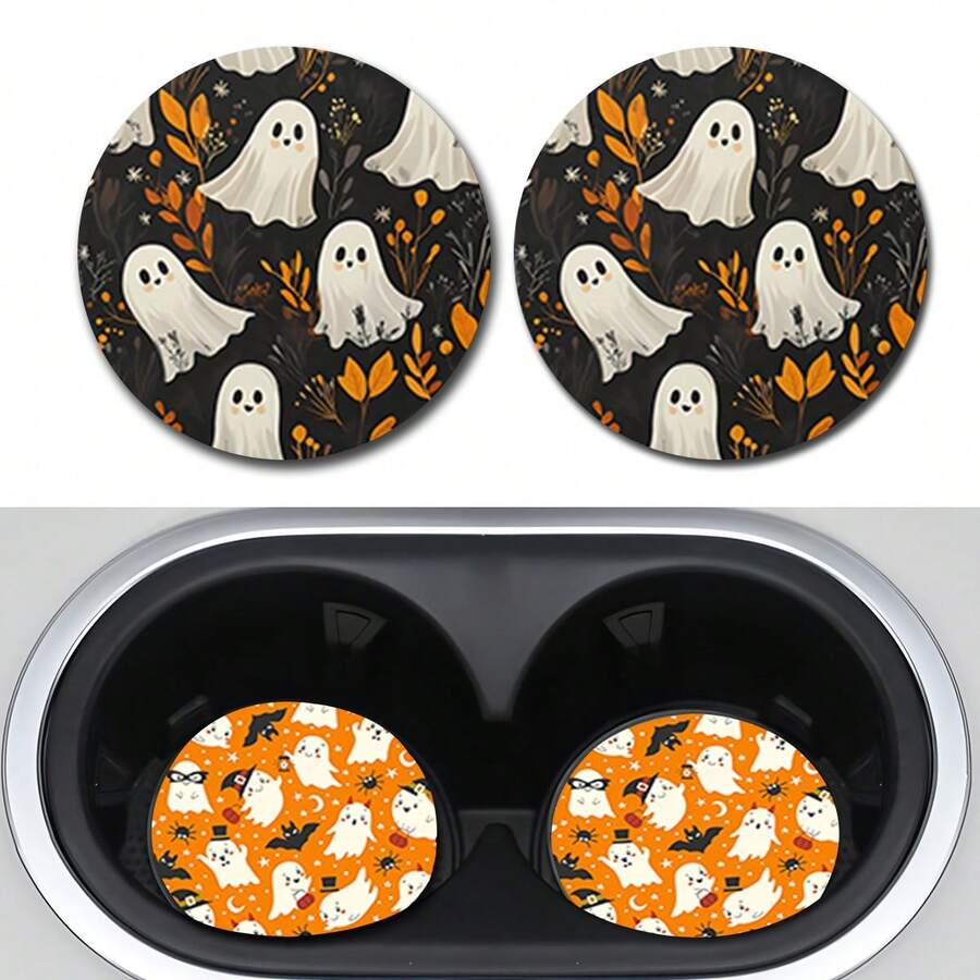 2 件套万圣节鬼魂图案汽车杯垫，用于杯架，2.8 英寸圆形装饰性汽车杯垫，时尚的杯架配件，可保持您的汽车杯架清洁干燥，适用于家庭杯垫和汽车水杯杯垫，适合节日和生日礼物 - 車杯墊 - 查看 1