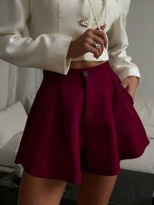 女士休闲纯色优雅通勤宽松A字口袋短裤，适合日常外出、轻社交聚会、度假旅行和居家休闲 - 酒紅色 - 查看 6