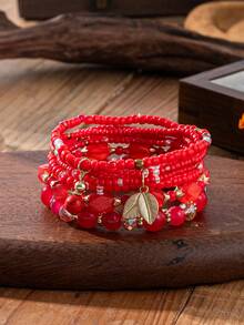 4pcs/Set Multi-Layer Beaded Bracelet Set, Vintage Bohemian Style Leaf Pendant Layered Bracelet Accessories For Women Daily Wear