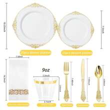 Juego de 175 platos desechables - Vajilla de plástico blanco para 25 invitados - Como imagen/V - Ver 5