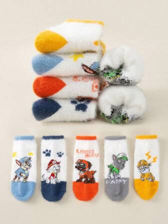 5 双儿童冬季中筒袜，适合男孩和女孩，可爱卡通狗船长设计，温暖的貂绒，舒适柔软