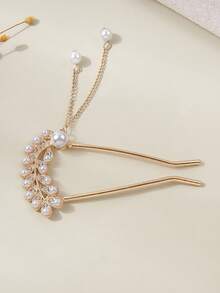 1pc Pearl & Rhinestone Inlaid Metal Hair Clip With Tassel Pendant, Minimalist Modern Hair Accessory