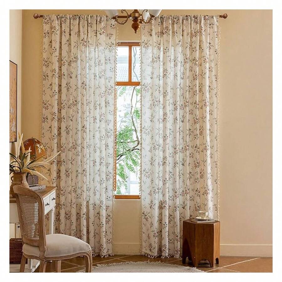 Rose Floral Curtains 84 Inch - Semi Sheer Bohemian Drapes For Bedroom, Aesthetic Rod Pocket Window Treatments, 2 Panels - Boho Living Room Decor - 多色178 - 查看 1