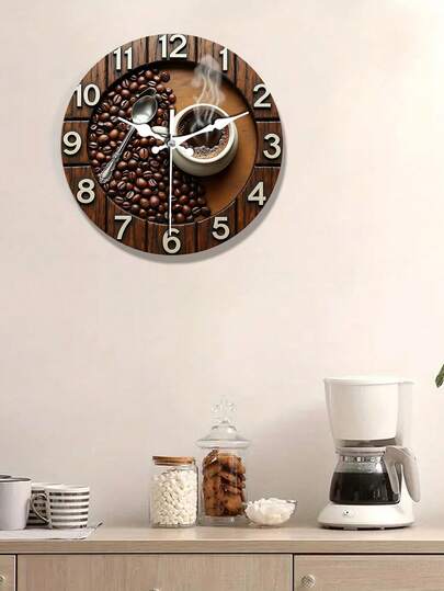 2D Flat Coffee Cup Beans Wooden Silent Wand Klok Moderne Home Living Room, Bedroom, Kitchen, Office Battery Operated (AA Not Included) Mother's Day