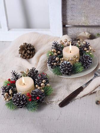 1 حامل شمعة إكليل لتزيين وسط طاولة عيد الميلاد، إكليل لحاملات الشموع. مصنوع من إبر صنوبر اصطناعية وقلفان، يتميز بموضوع عيد الميلاد، هو ديكور عيد الميلاد، ويمكن استخدامه أيضًا كزينة عيد الميلاد، ويساعد في خلق جو عيد الميلاد