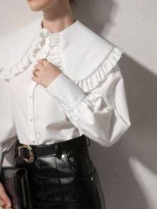 Girls T-Shirt Peter Pan Collar Long-Sleeved Commuting Casual Relaxed Sense Simple Girl Casual Spring Summer Autumn Shirt - White - View 8