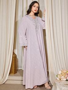 V-Neck Long Sleeve Beaded Pearls Rhinestones Embellished Vacation Dress - Pink - View 6