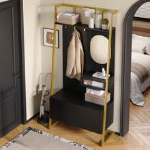 Modern Minimalist Compact Wardrobe, Open Multifunctional Storage Cabinet With Mirror, Metal Hooks, Coat Rack With Shoe Bench, Wardrobe, Shoe Storage, Clothes Rack, - 黑色 - 查看 6