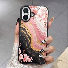 أنيق وأنيق! غطاء هاتف بنقوش زهور رخامية متوافق مع أبل وآخرين، إطار أسود، يتميز بزهور الكرز الوردية والملمس الرخامي الأسود والوردي والذهبي، فتحات دقيقة للاستخدام السلس، يشع جواً راقياً وكلاسيكياً لمستخدمي أبل أو غيرهم