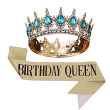 2 pièces/set Ensemble de couronne de strass en forme de larme pour anniversaire, couronne dorée reine d'anniversaire avec bretelle, accessoires pour cheveux joyeux anniversaire pour femmes, décorations de fête