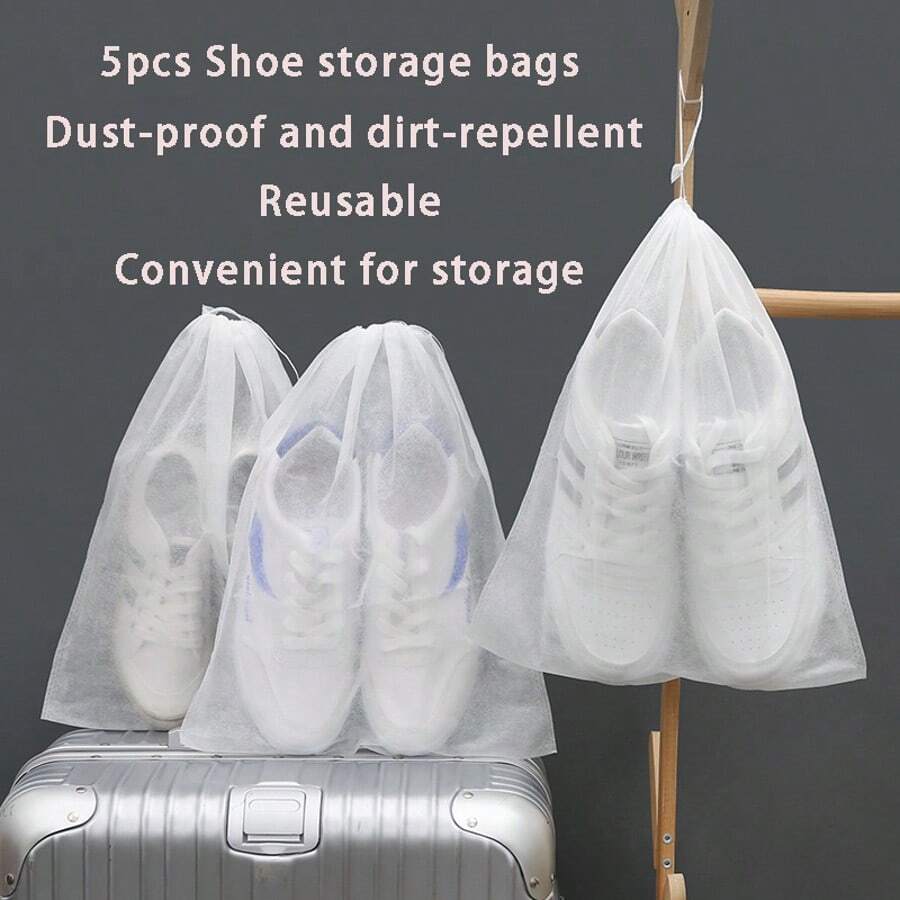 5pcs Non-Woven Fabric Shoe Storage Bags, Thickened Reusable Dust-Proof Shoe Drying Bags - White - View 1