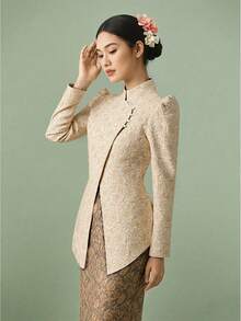 女士立领不对称设计，优雅3D花卉图案端庄衬衫 - 香檳色 - 查看 5