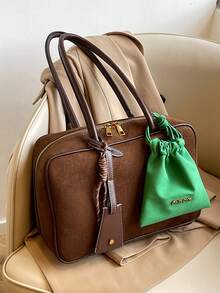 2pcs Plain Color Autumn/Winter New Suede Tote Bag Set, Versatile Commuting Boston Ladies Shoulder & Handbag With Large Capacity, Include Pendant As Gift, Eye-Catching Work Bags For Women, New Autumn And Winter Women Bag, Best Fall Purse, Newest Fashionable Suede Bag For Women, Perfectly Matching With Fall Outfits Women Fall Clothes For Women - Coffee Brown - View 2