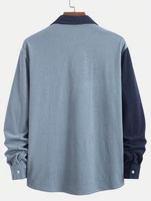 Cămașă casual din catifea reiată pentru bărbați, la modă, cel mai bine vândut, mărime mare, cu guler contrastant, cu nasturi la piept, simplă și versatilă, pentru navetiști, jachetă cu mânecă lungă, primăvară/toamnă - Albastru - Vizualizare 3