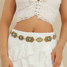 Adjustable Bohemian Style Gold Metal Waist Chain, Fashion Geometric Pattern Waist Belt For Women, Party Wear, Zinc Alloy Metallic Waist Belt, Suitable For Spring, Summer, Autumn, Winter