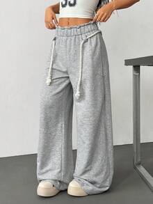 休闲宽松抽绳腰口袋运动裤，简约美式街头风格，百搭韩版时尚 - 灰色 - 查看 4