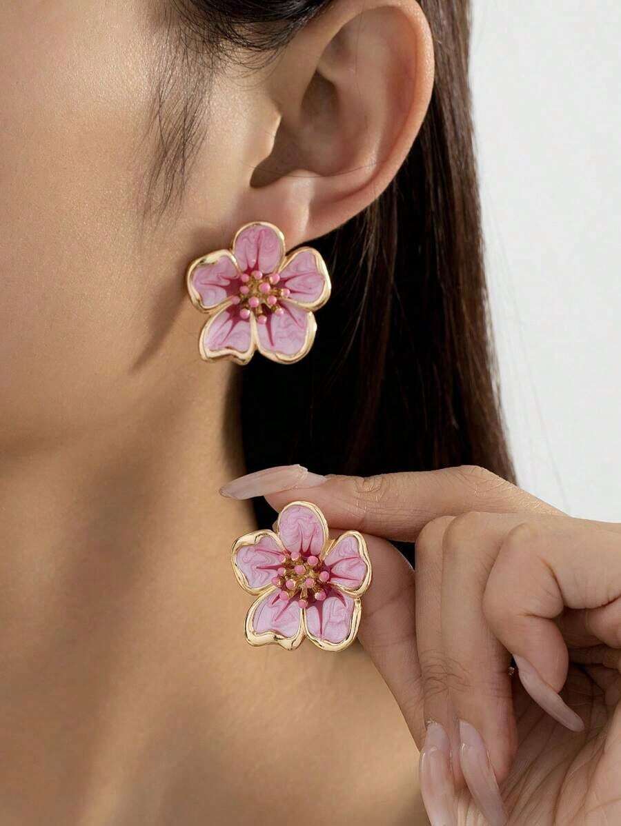 1 Pair Cute And Chic French Design Gradient Tie Dye Rose Flower Stud Earrings, Suitable For Women For Daily Wear, Dates, Vacations, As Birthday Gifts For Girlfriends - Hồng - Xem 1