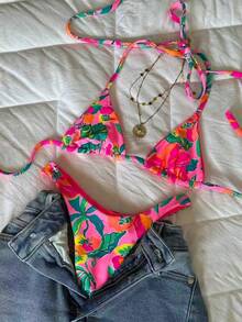Summer New Women's Tropical Floral Print Halter Tie Sexy Casual Beach Resort Party Bikini Swimsuit Set Vacation - Multicolor - View 2