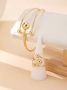 1 Set Geometric Hollow Open Bangle And Open Ring, Vintage Elegant Style Bracelet And Ring Set For Women