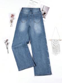 Jeans casuales de mezclilla de pierna ancha para mujer, largo largo en azul claro con cintura escalonada, material altamente elástico para un ajuste perfecto. - Azul - Ver 2