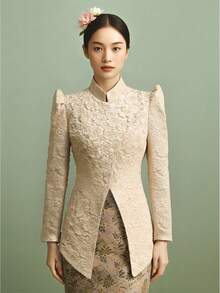 女士立领不对称设计，优雅3D花卉图案端庄衬衫 - 香檳色 - 查看 4