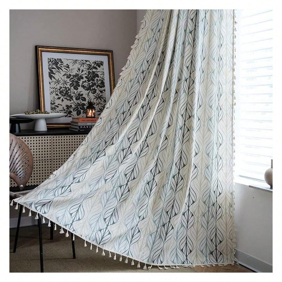Boho Curtains 63 Inch Length, 2 PanelsSemi Sheer Drapes, Tassel Rod Pocket Bohemian Window Treatments For Bedroom, Living Room, Farmhouse - 多色175 - 查看 1