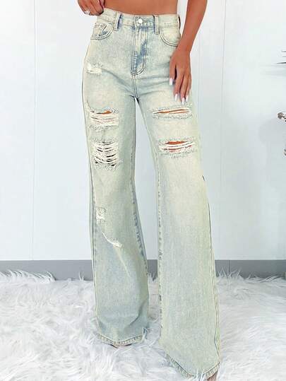 Casual Distressed Denim Jeans, Suitable For Daily Wear, Travel, Airport, Stage Performance, Concert, Vacation, All Seasons