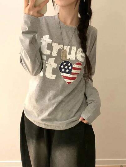 女式复古美式字母印花长袖 T 恤，秋冬季休闲圆领套头衫