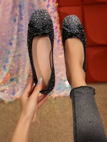 2025 Rhinestone Bow Decor Casual Flat Shoes, Fairy Style For Teens - Black and White - View 3