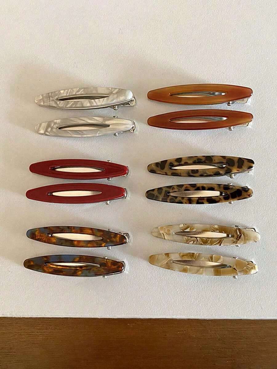 2pcs/Set Acetate Hair Clips Hollowed Oval Geometric Barrettes Side Pins Hairpin Women Hair Accessories Claw Clips, School Stuff, Head Accessories - 卡其黃 2 件/套 - 查看 1