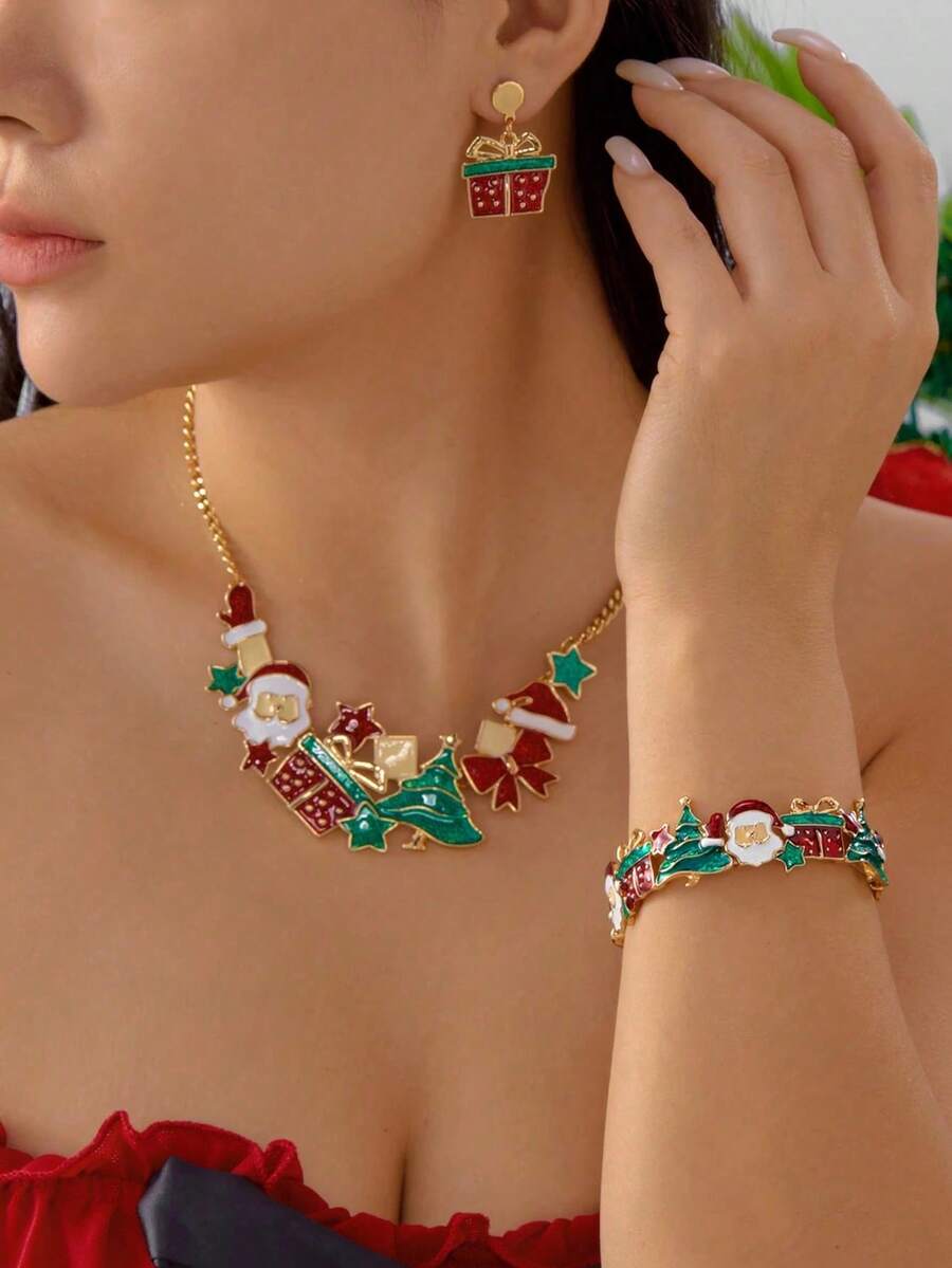 1pc/Set Christmas Oil Drop Santa Claus & Christmas Tree Gift Box Necklace, Earrings, Bracelet, Suitable As Gift For Women - Multicolor - View 1