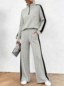 Set de 2 piese pentru femei, toamnă/iarnă, cu pulover cu jumătate de fermoar și pantaloni cu picior drept, stil casual, stil stradal, confortabil, retro minimalist