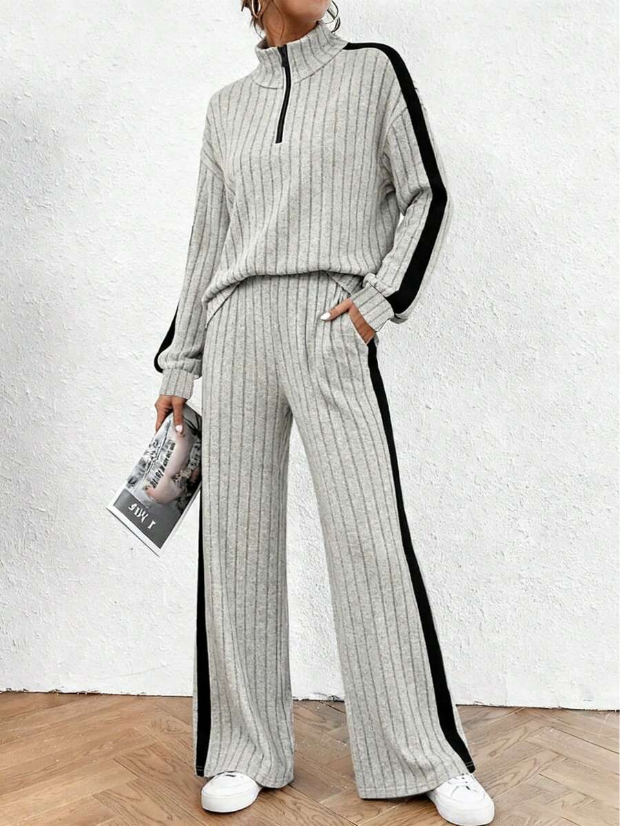 Set de 2 piese pentru femei, toamnă/iarnă, cu pulover cu jumătate de fermoar și pantaloni cu picior drept, stil casual, stil stradal, confortabil, retro minimalist