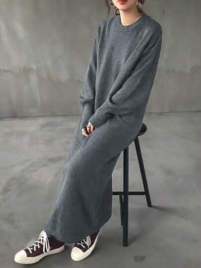 Women's Solid Color Round Neck Drop Shoulder Long Sleeve Maxi Casual Sweater Dress, Suitable For Daily Wear, Autumn/Winter