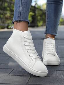 女士高帮运动鞋，经典高帮帆布鞋，系带女士时尚运动鞋 - 白色 - 查看 3