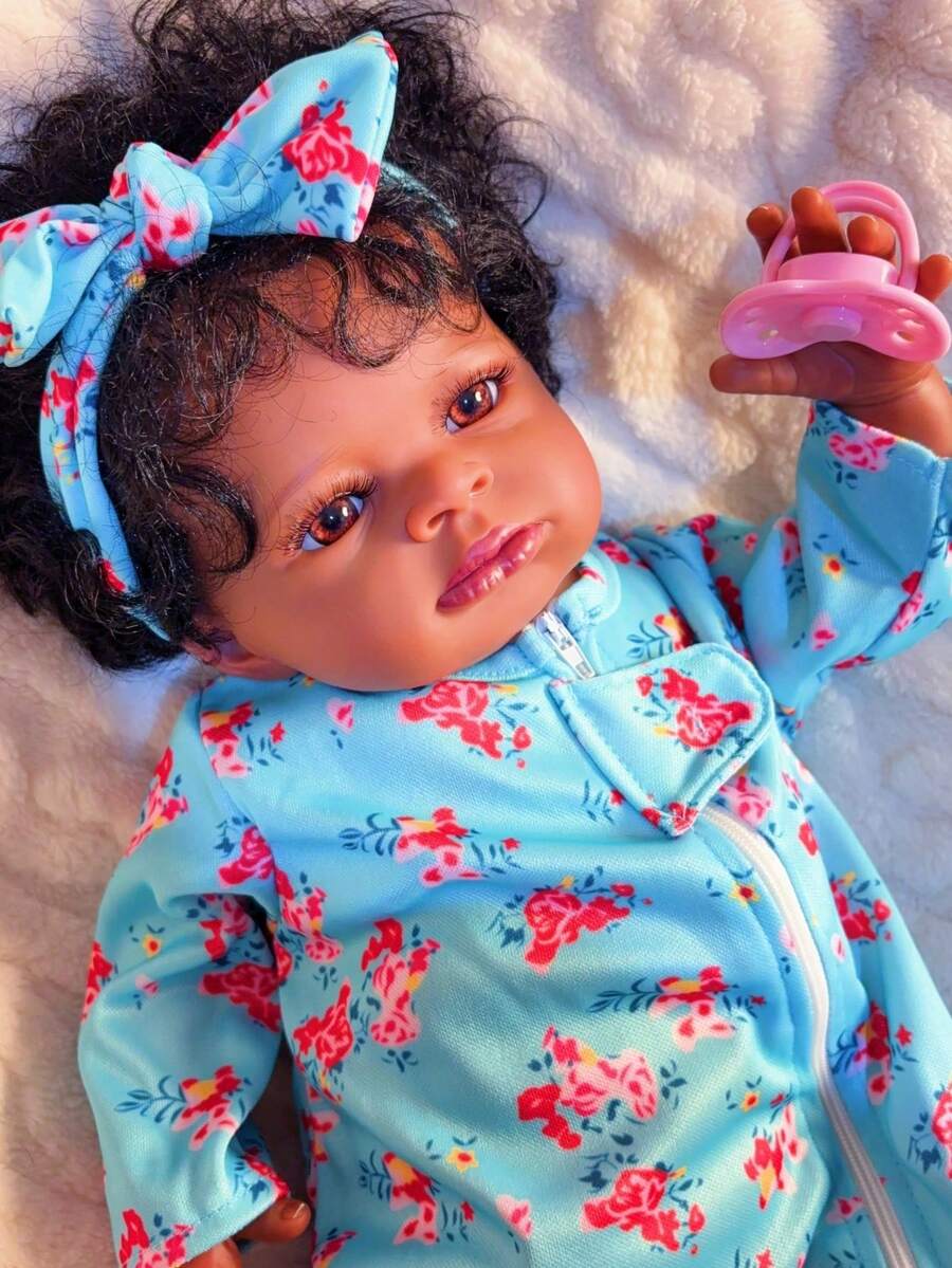 20-Inch Realistic Black Reborn Doll, 50cm Soft Unisex African American Cloth Body Doll, Lifelike Cute Newborn BeBe Handmade Art Doll Toy, Gift For Children 3+ Years Old - 彩色 - 查看 1