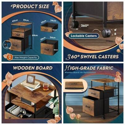 2 Drawer Mobile File Cabinet, Filing Cabinet With Open Storage Shelf, Fabric Vertical Under Desk Drawers Fit A4 Or Letter Size, Rustic Brown