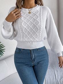 Casual Basic Cable Knit Long Sleeve Pullover Sweater, Autumn/Winter - White - View 3