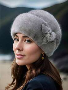 Faux Mink Fur Flower Hat, Fashionable Leather Warm Hat, Thick, Ear-Protective, Windproof, Solid Color, Washable - Suitable For Autumn/Winter Autumn Accessories