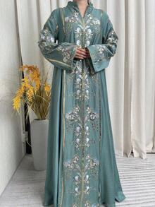 1pc Sequin Embroidered Muslim Women Abaya, Loose Fit Islamic Clothing, Dubai Style Robe, Suitable For Eid Al-Fitr