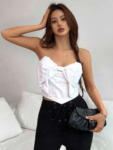 Blusa Sin Tirantes con Nudo Decorativo Elegante, estilo elegante y sexy, adecuado para fiestas, vacaciones, citas románticas y vestidos de boda. - Blanco - Ver 8