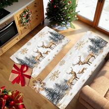 1 pièce Paillasson avec motif de renne de Noël, flocon de neige et sapin imprimé sur surface en fausse laine avec fond en TPR. Tapis de salle de bain, tapis de cuisine, tapis de buanderie, décoration de fête, décoration de maison, décoration de mariage, décoration de salle à manger