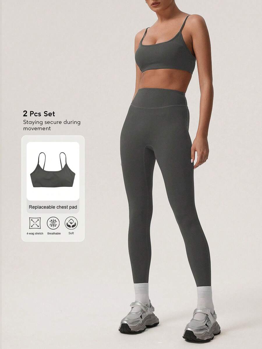 Sodalemon Women's Solid Color Thick Sports Bra & Yoga Leggings 2 Pieces Workout Set - Grey - View 1