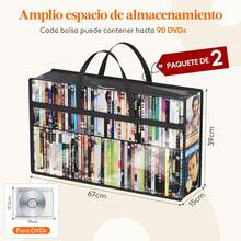 Lifewit - Bolsas de almacenamiento de DVD, 2 unidades, organizador de DVD de plástico de PVC transparente con asas y cierre, soporte multimedia para discos Blu Ray, fundas de películas, cajas VHS, - negro - Ver 2