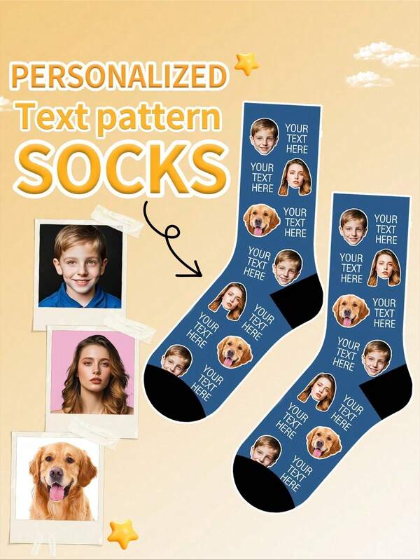 Customized Face Socks, Pet Face, Printing Customized Your Own Face, Friends' Faces, Customized Boys And Girls Socks, Personalized Picture Socks, Photo Socks, Image Size 44*25.2cm, Sock Size 21*8.5cm