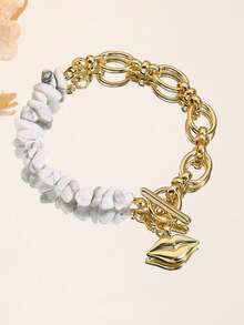 2pcs/Set Chic Versatile Asymmetrical Rhinestone Lip Necklace + Bracelet Jewelry Set, Suitable For Men & Women, Holiday Party, Daily Wear, Exquisite Christmas, Thanksgiving, Halloween, Birthday Gift